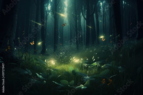 The Magical Summer Night: Glow of Firefly Lights in a Fairy Tale Forest: Generative AI