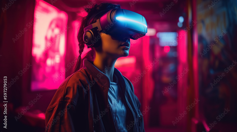 Cyberpunk woman with VR and portrait futuristic neon style, generative ai