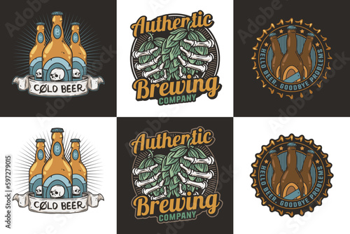 Beer set of emblems with skeleton and hop, bottle cap for brewery or bar. Craft beer vector logo for pub and factory