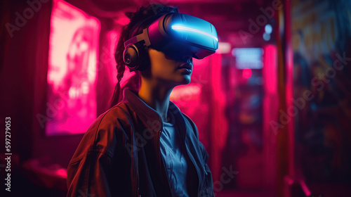 Cyberpunk woman with VR and portrait futuristic neon style, generative ai