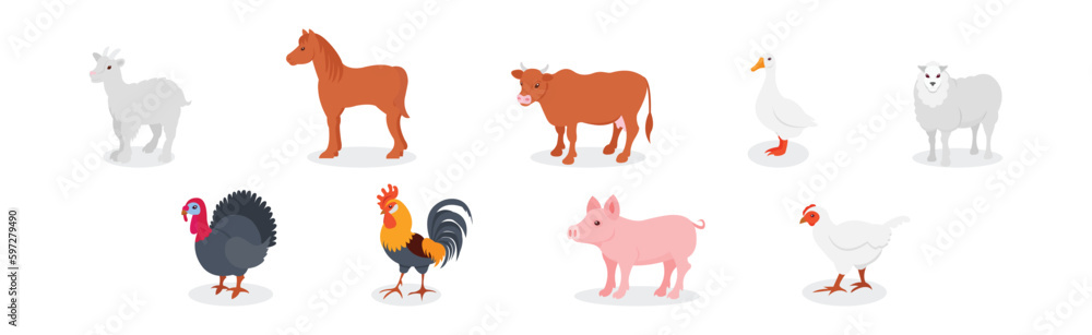 Farm Animal with Goat, Horse, Cow, Sheep and Poultry Vector Set