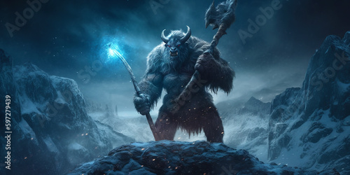 Brutal looking orc warrior. Goblin warlord in a snowy landscape. generative ai. Troll warrior in the winter mountains photo