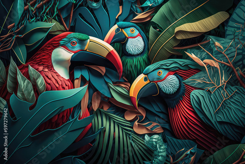  Jungle, design with parrots, generative ai