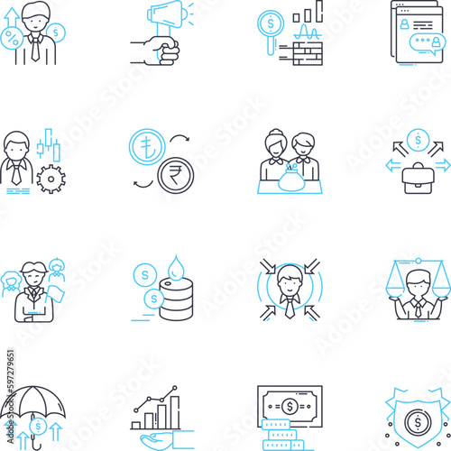 Financial planning linear icons set. Budgeting, Savings, Investments, Retirement, Asset allocation, Debt management, Risk management line vector and concept signs. Wealth Generative AI