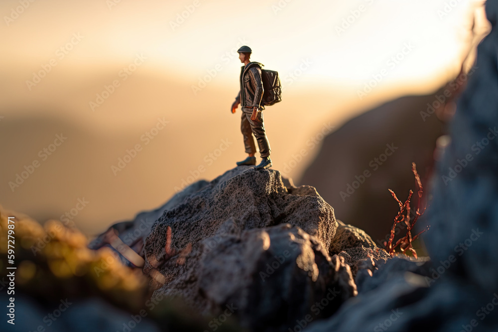 Miniature toy people figurines of man with backpack standing at hill top admiring view, created with Generative AI.