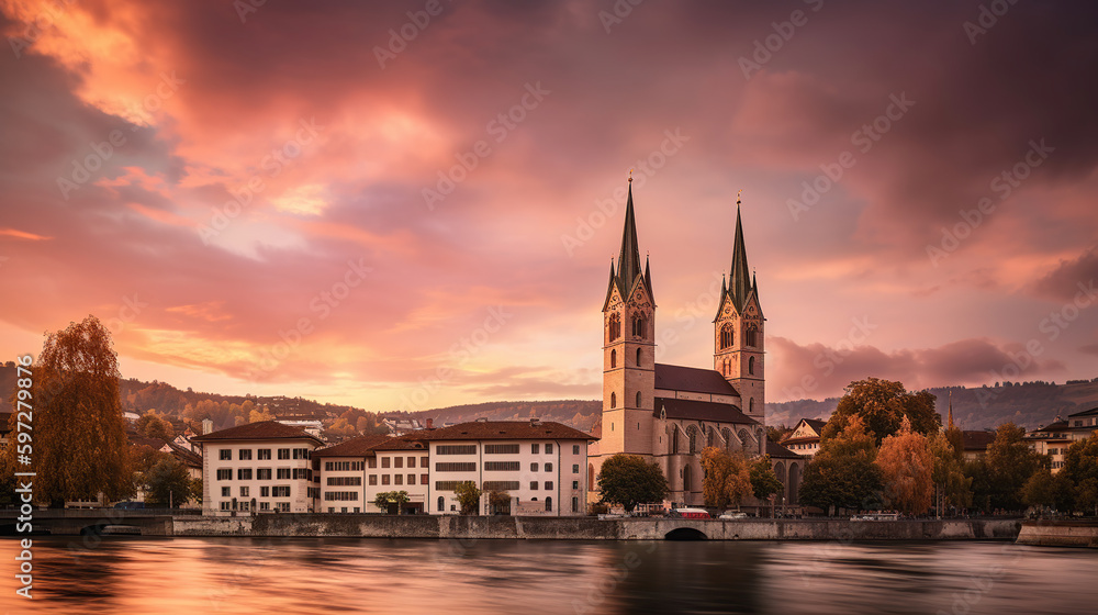 Cityscape image of Zurich with colorful sky, during dramatic sunset, generative ai