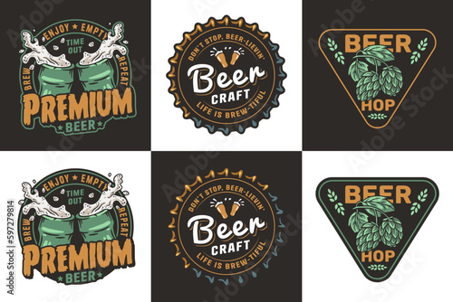 Beer set of brew emblems or craft beer logos with beer cap, hop and bottles. Labels or prints with metal cork for bar, pub or brewery shop