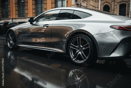 Side profile of a silver coupe car. Generative AI © Cybele