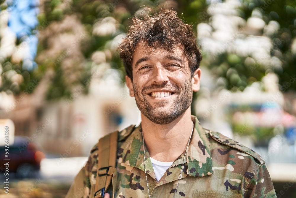 Young man army soldier smiling confident at park
