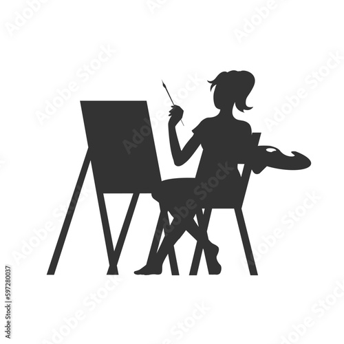 Beautiful young woman draws behind an easel. Black and white silhouette. Art brush in hand. Concept of a useful creative activity, hobby. Vector isolated cartoon illustration