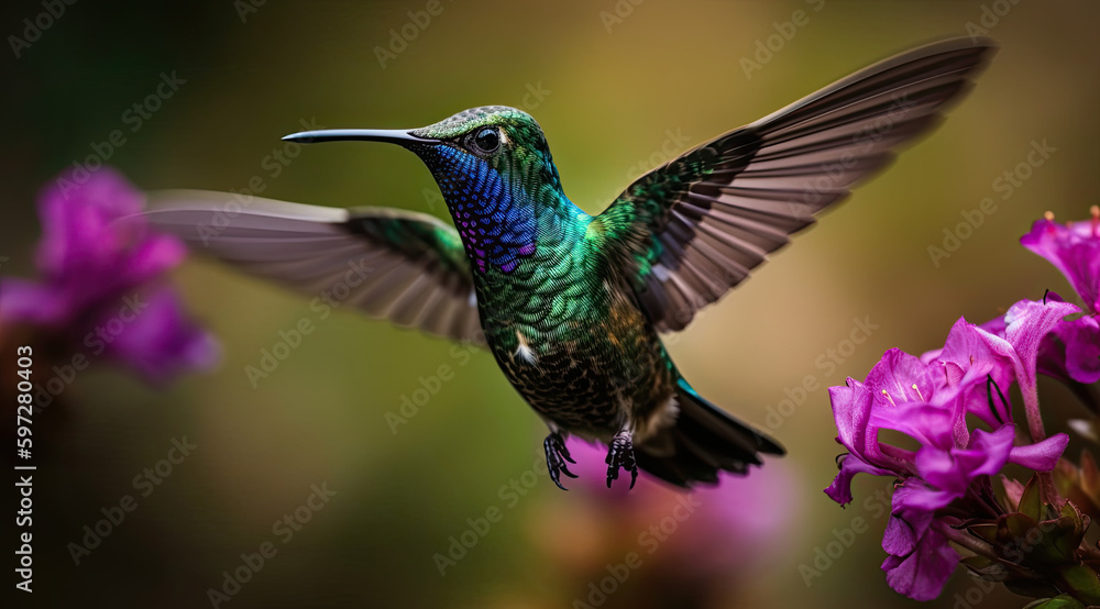Fototapeta premium Vibrant green hummingbird delicately showcased in image.