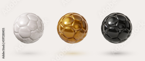 Colorful soccer balls collection. White, golden, black glossy football balls isolated design elements on white background. Vector 3d design elements. Luxury sport icons.