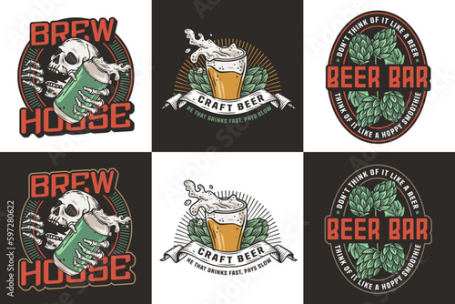 Beer set of emblems with skull and hop. Skeleton with beer can in bone hands and beer glass for brewery or bar. Craft beer vector logo for pub and store
