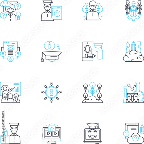 Distance education linear icons set. Online learning, Virtual classrooms, E-Learning, Remote education, Webinars, Cyberspace, Telecommunication line vector and concept signs. Digital Generative AI