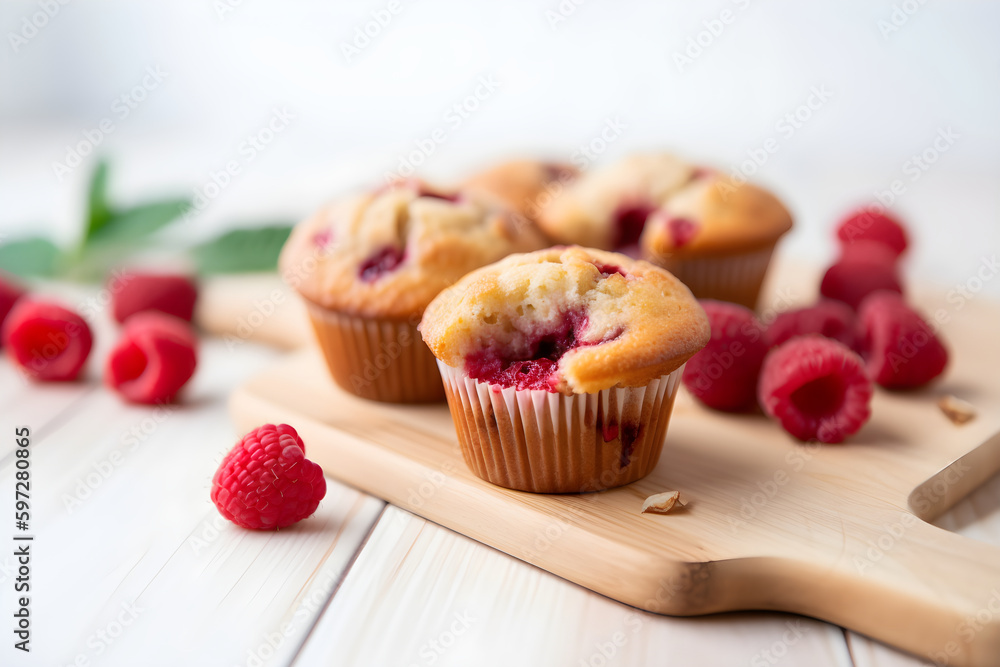 Raspberry muffins with fresh raspberries on a white wooden table, close up. A delicious dessert or breakfast. AI generated.