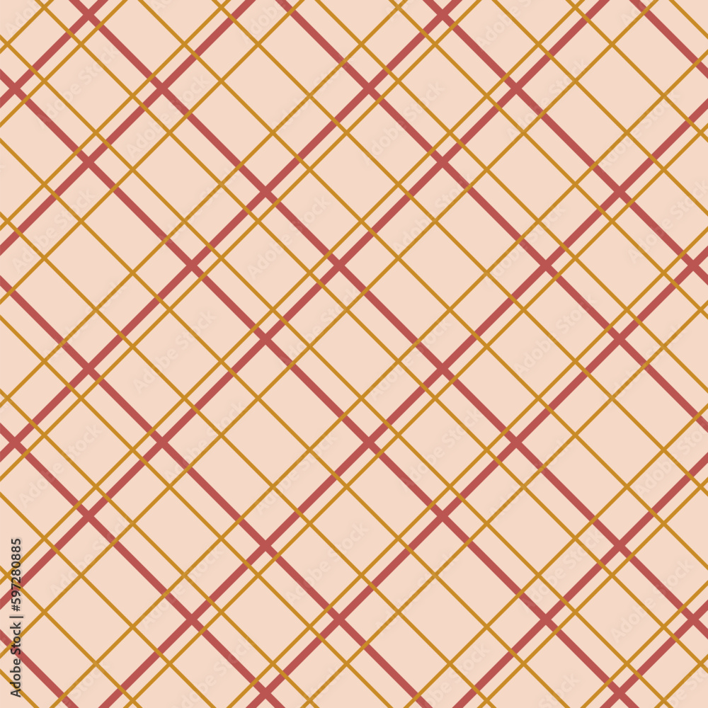 Fototapeta premium Square grid vector seamless pattern. Abstract linear geometric texture with thin diagonal crossing lines, rhombuses, mesh, lattice, grill. Simple retro style geo background. Red, yellow, beige color