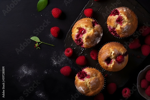 Raspberry muffins with fresh raspberries on a table, close up, dark background. Top view. A delicious dessert or breakfast. AI generated.