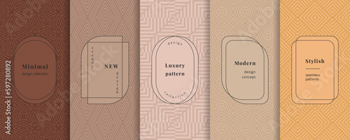 Trendy geometric seamless patterns. Vector set of stylish pastel backgrounds with elegant minimal labels, frames, borders. Abstract modern line ornament textures. Design for print, decor, package
