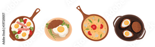 Tasty Egg Dish as Fresh and Healthy Morning Protein Meal Vector Set