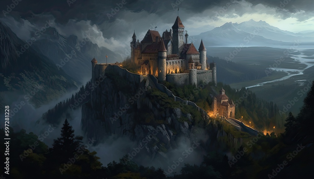 the castle in the mountains. Created with Generative AI technology
