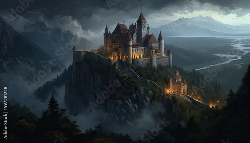 the castle in the mountains. Created with Generative AI technology