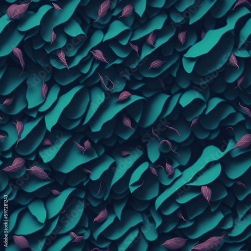 A blue background with a bunch of purple leaves, a 3D render , polycount, generative art, matte background,  figures, edges forming waves, Generative AI