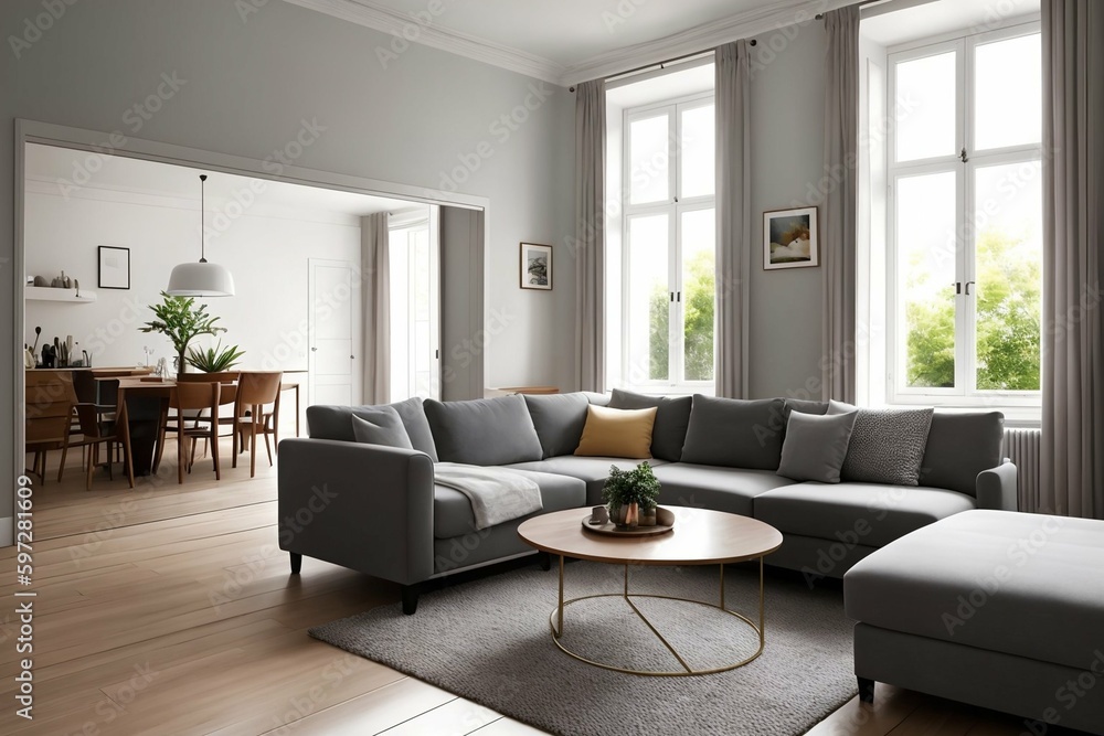a living room with a gray sofa, a painting on the wall, a carpet on the floor, and a coffee table in front of the sofa.Generated by AI a living room with a gray sofa, a painting on the wall, a carpet on the floor, and a coffee table in front of the sofa.Generated by AI