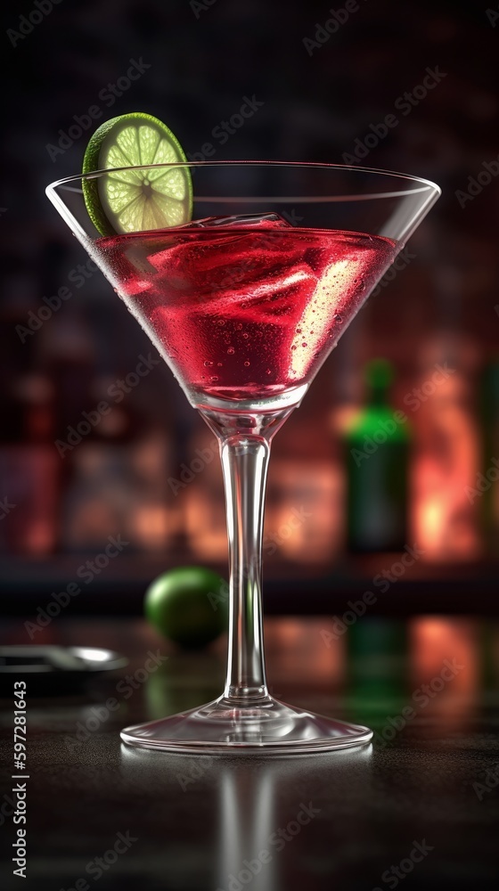 Cosmopolitan with Lime Wedge. Generative AI. Cosmopolitan with Lime Wedge. Generative AI.