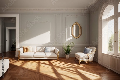 living room with a bright sofa  mirror on the wall  carpet on the floor.Generated by artificial intelligence