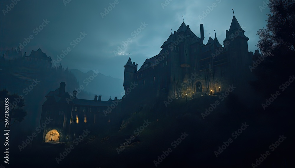 castle in the night. Created with Generative AI technology