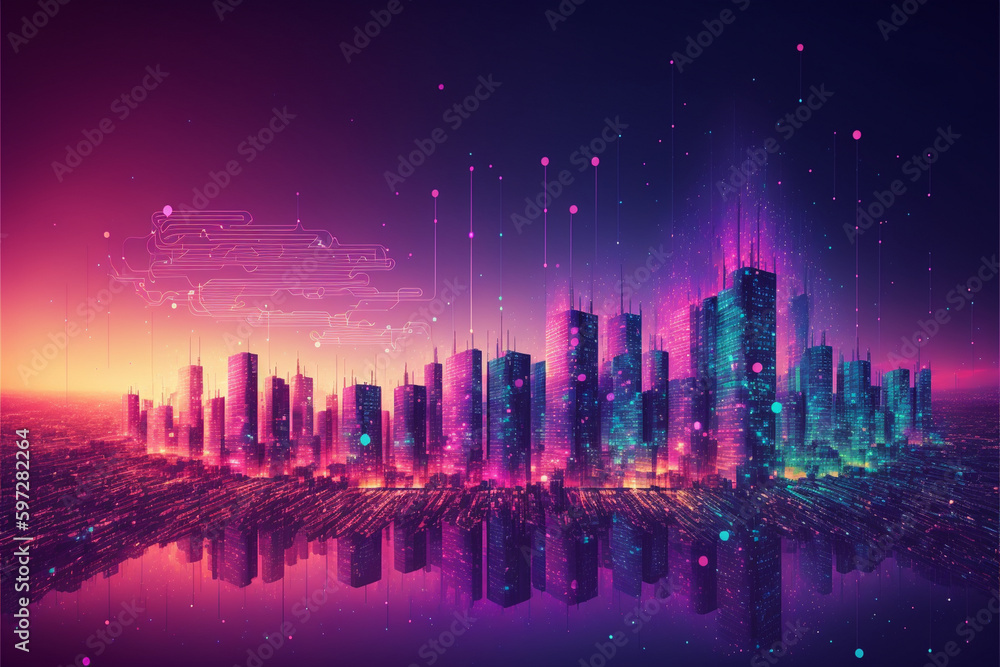 Night city skyline concept networking illustration background. Generative AI