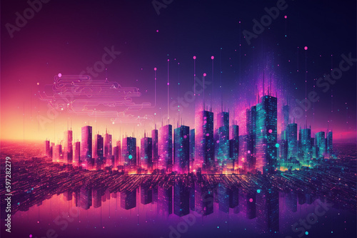 Night city skyline concept networking illustration background. Generative AI