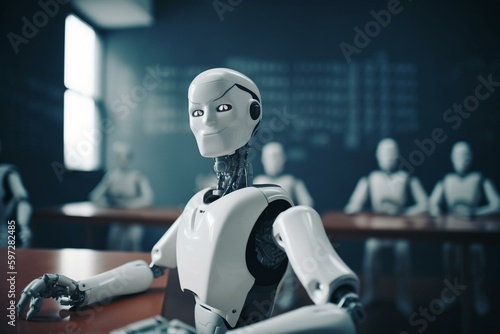 Robot educating other robots in futuristic school. Generative AI