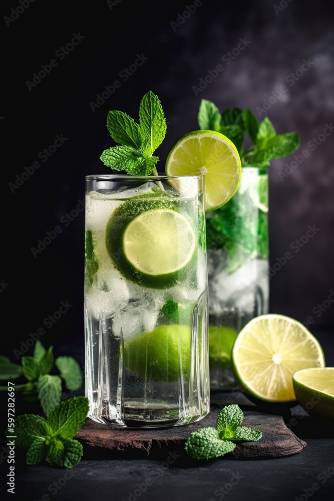 illustration, cocktail with lemon and mint, ai generative illustration, cocktail with lemon and mint, ai generative