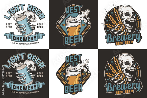 Beer set of emblems with skull and beer can. Skeleton with beer glass in bone hands for brewery or bar. Craft beer vector logo for pub and store
