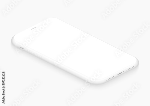 Totally soft isometric white vector smartphone. 3d realistic empty screen phone template for inserting any UI interface  test or business presentation. Floating soft mock up design perspective view