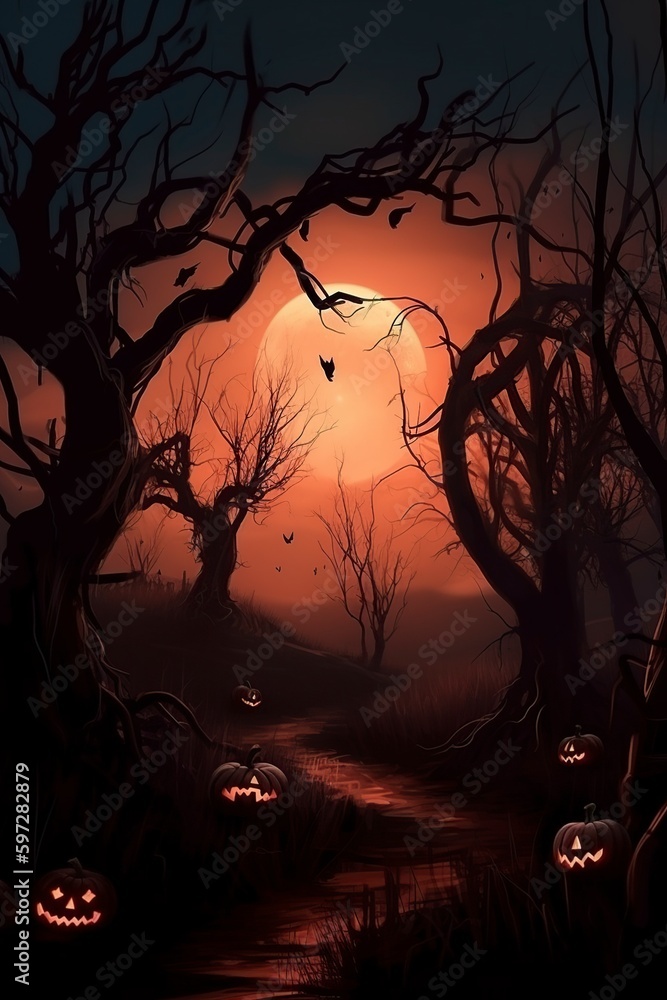 illustration, halloween, landscape with pumpkins, ai generative