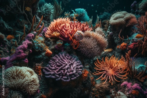 Colorful art depicting vibrant coral reef sea life, ideal for nature lovers and those who love joyful holidays. Generative AI