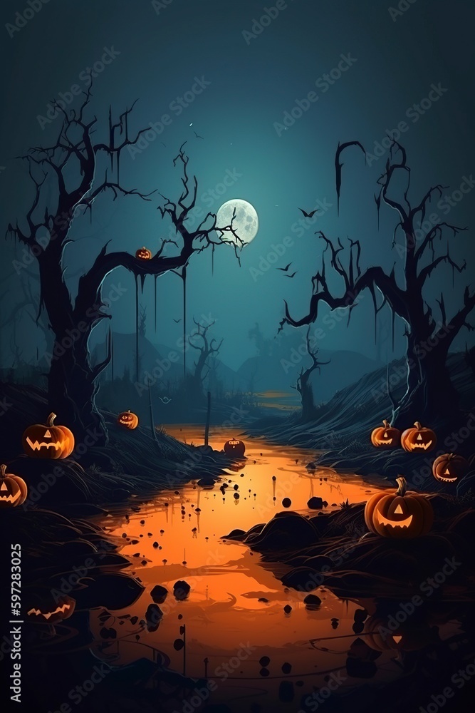 illustration, halloween, landscape with pumpkins, ai generative