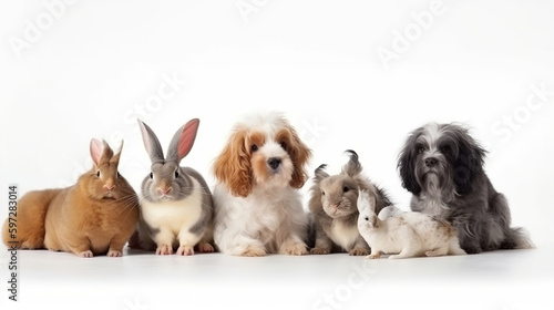 Group of cute pets on white background. Banner design, Generative Ai © oldwar