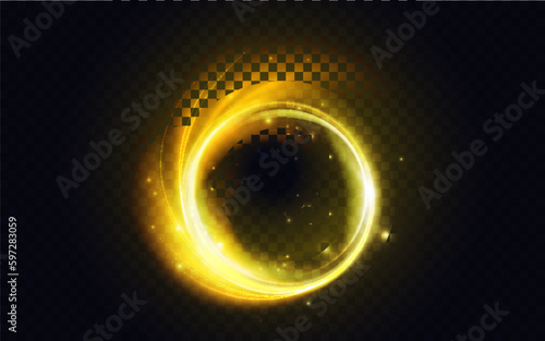 Golden yellow flare circle, glowing light effect vector illustration. Glow energy shape, abstract magic luminous swirls, fantasy round portal and glitter particle sparkles dark transparent background