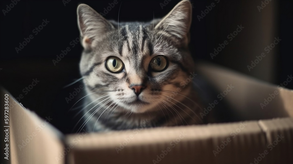 Cute grey tabby cat in cardboard box on floor at home, Generative Ai