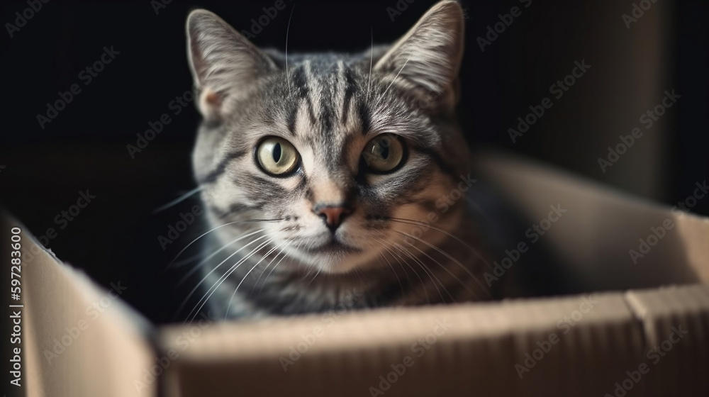 Cute grey tabby cat in cardboard box on floor at home, Generative Ai Cute grey tabby cat in cardboard box on floor at home, Generative Ai