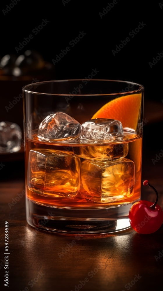 Old Fashioned with Orange Slice and Cherry. Generative AI. Old Fashioned with Orange Slice and Cherry. Generative AI.