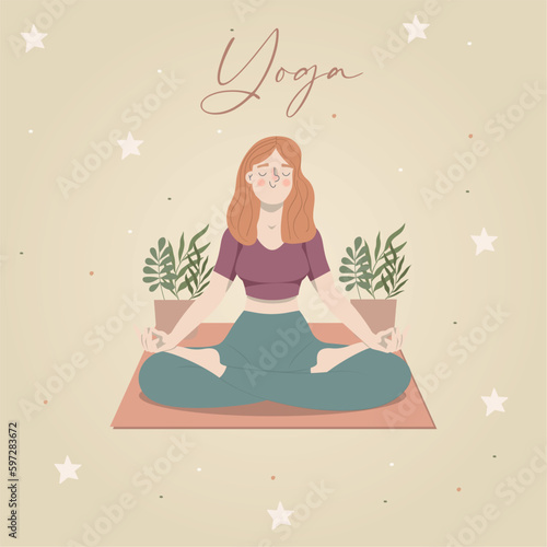 Cute girl character doing yoga concept template Vector