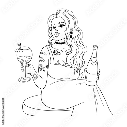 Young woman with tattoo, alcohol drink and glass with drink and cherry. Pretty girl with bottle and glass with drink outline vector illustration.