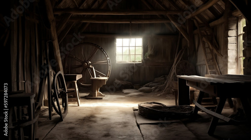 Interior of village building: wheel, pitchfork, bench, Generative Ai