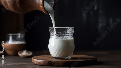 Kefir, milk or Turkish Ayran drink are poured into a glass cup from a bottle. A glass stands on a wooden stand on a rustic wooden table. Place for text, Generative Ai