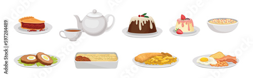 Delicious English Dish with Pie, Pudding, Fish and Chips, Meatloaf and Tea Vector Set