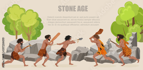 Stone age war primitive men tribes fighting. Barbarian Caveman warrior, ancient man with weapons